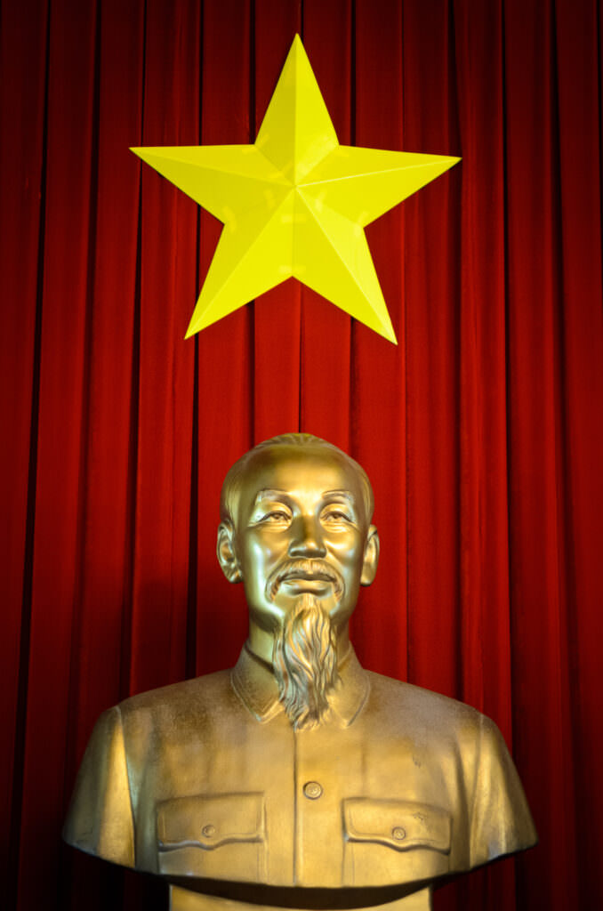 Ho Chi Minh Golden Bust Reunification Palace Yellow Star Red Drapery Ho Chi Minh City Vietnam