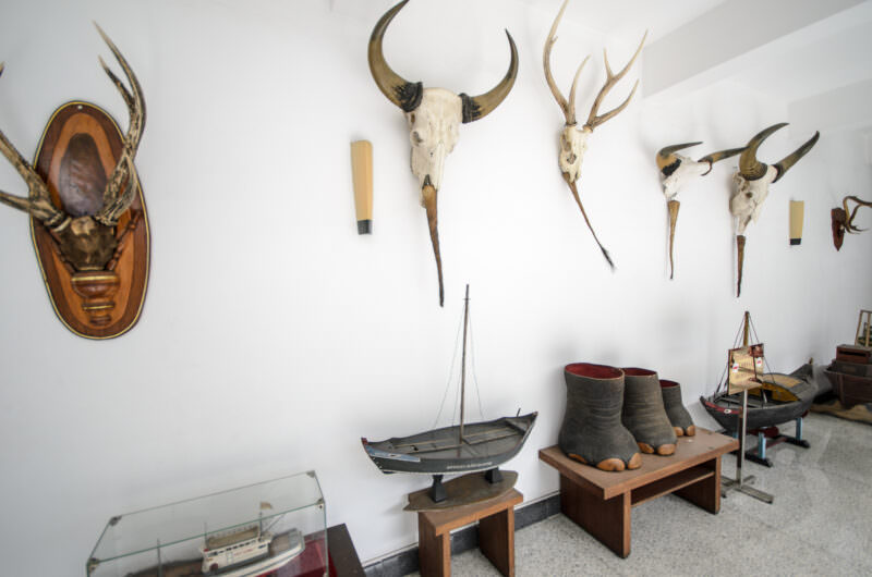 Mounted animal skulls and model boats displayed along a corridor outside Reunification Palace's living quarters