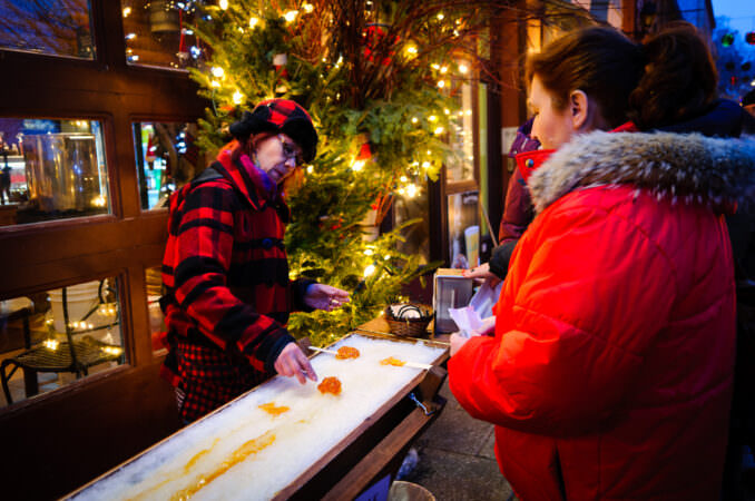 Maple Syrup Taffy Ice Christmas Lights Rue Du Petit Champlain Quebec City Canada