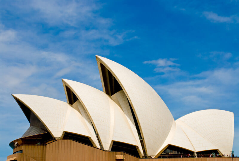 Interlocking roof shells of Sydney Opera House above concrete podium on western side of Bennelong Point