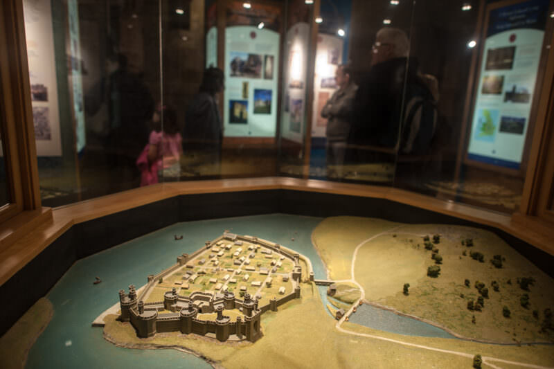Detailed architectural scale model of Caernarfon Castle in museum exhibit