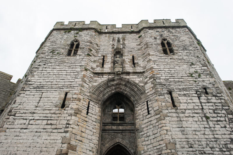 Main gatehouse with polygonal towers at Caernarfon Castle in northwest Wales