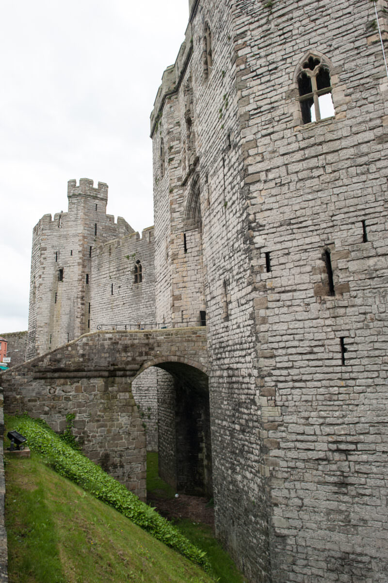 Main gatehouse rising above entrance to Caernarfon Castle in northwest Wales