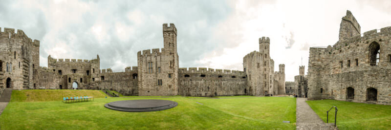 Interior courtyard with banded masonry and angular polygonal towers