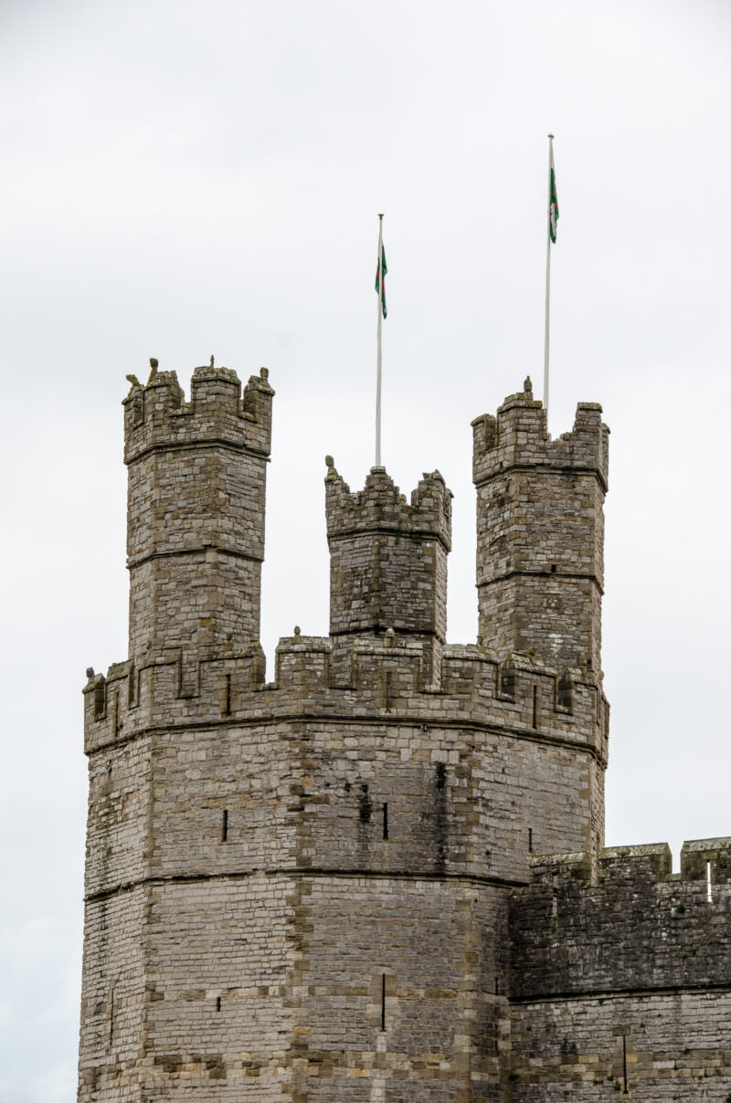 Stone parapet walkway at Caernarfon Castle in northwest Wales