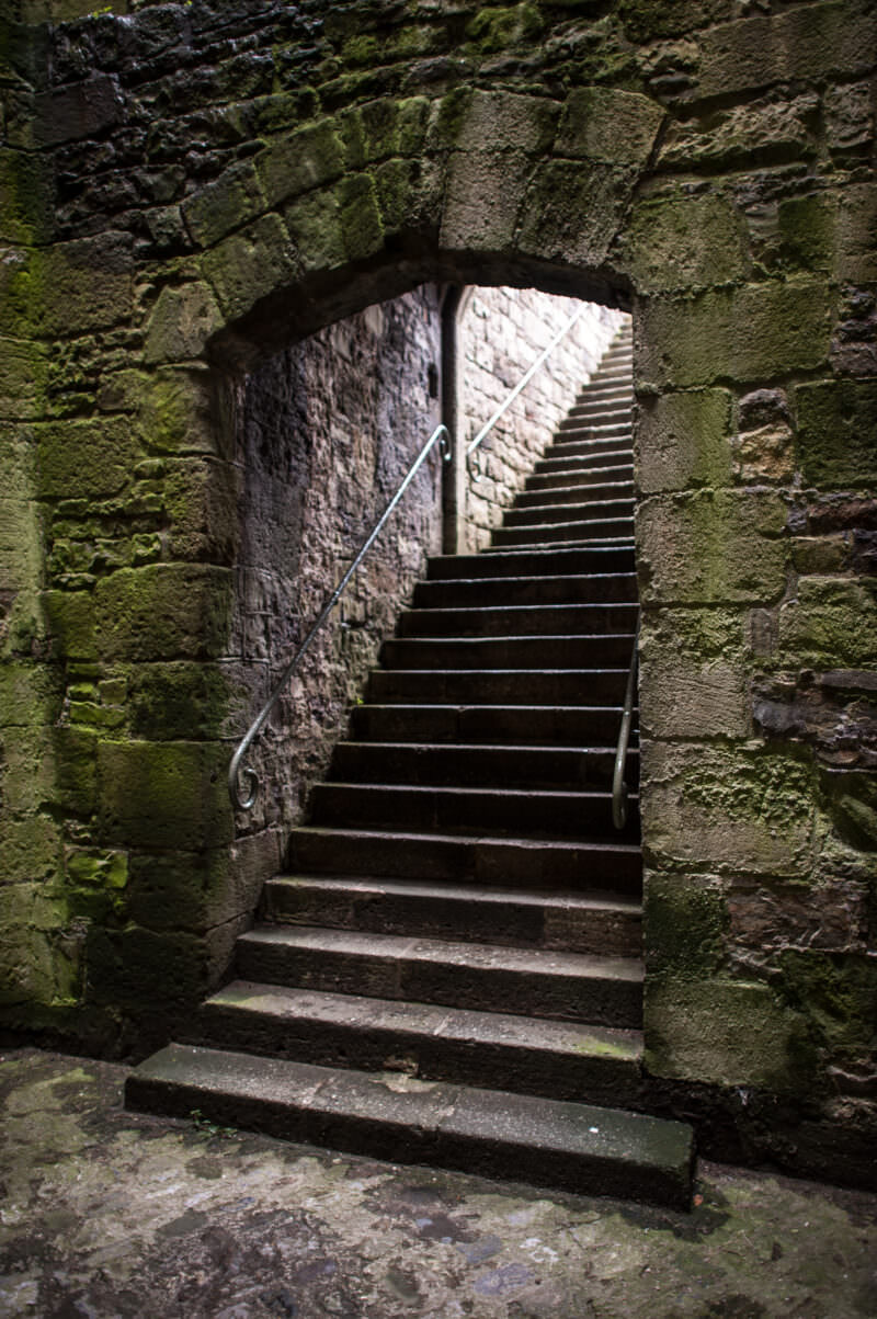 Stone stairway climbing through interior of Caernarfon Castle