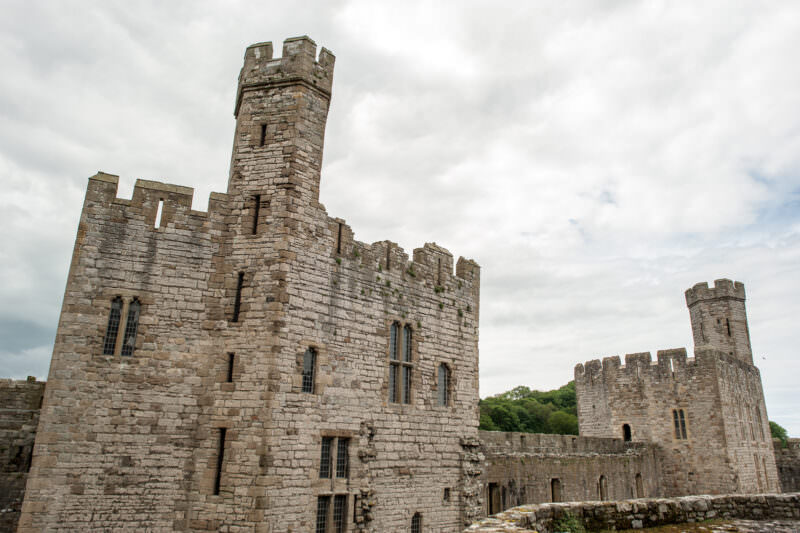 Turrets rising above polygonal towers at Caernarfon Castle