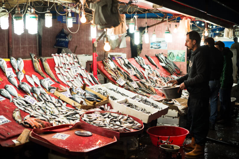 Fishmonger arranges rows of fresh fish on red-lined stalls inside the enclosed Karaköy fish market