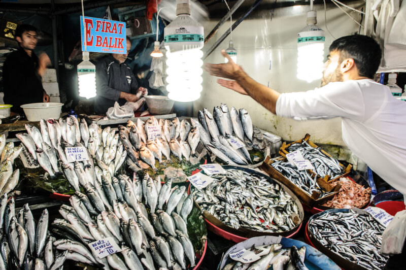 Fishmonger tossing a bundle of fish across a stall lined with iced mackerel and anchovy at Karaköy market