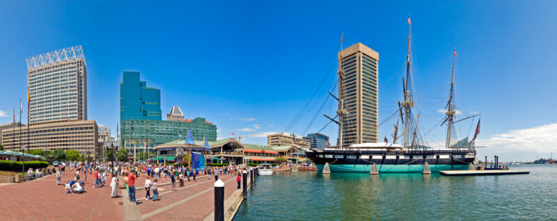 Waterfront buildings at Inner Harbor in Baltimore, Maryland, on