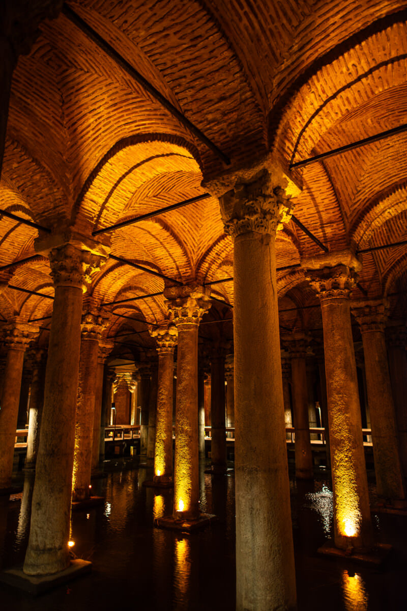 Carved Corinthian capitals supporting the brick vaulted ceiling of the Basilica Cistern