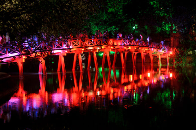 Huc Bridge Illuminated Red Wooden Night Reflection Hanoi Vietnam