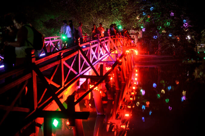 Huc Bridge Red Wooden Night Illumination Hanoi Vietnam