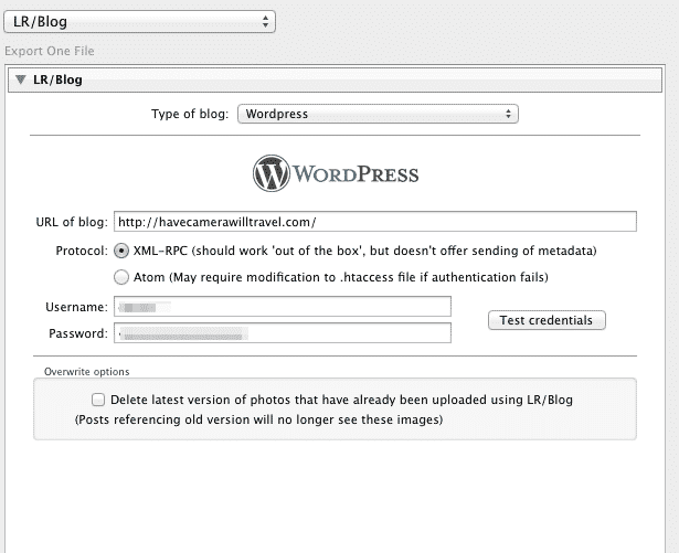 Screenshot of the connection panel for LR/Blog / Publishing Photos from Lightroom to Wordpress