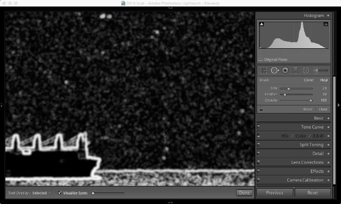 Screenshot of Lightroom Classic with black and white scanned image with dust spots and scratches on the original negative