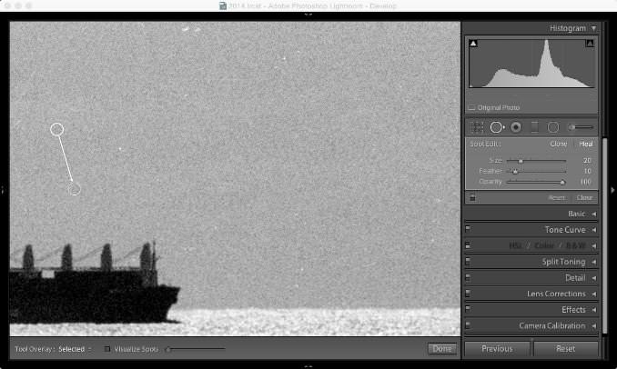 Screenshot of Lightroom Classic with black and white scanned image with dust spots and scratches on the original negative