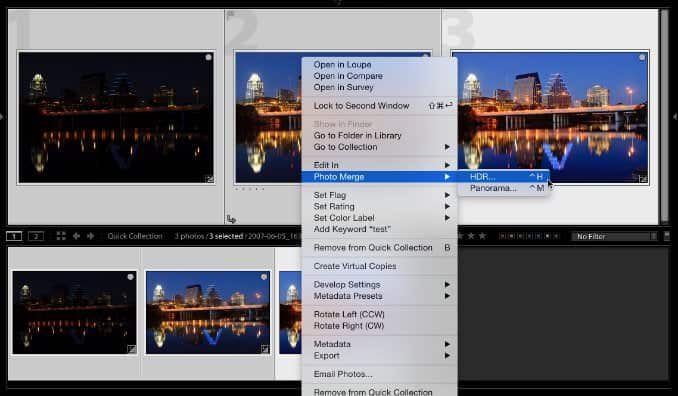 Screenshot of how to use Lightroom Classic's HDR Photo Merge feature