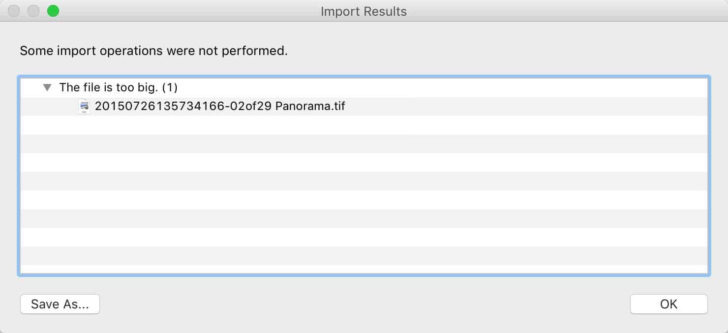Lightroom error message: The file is too big