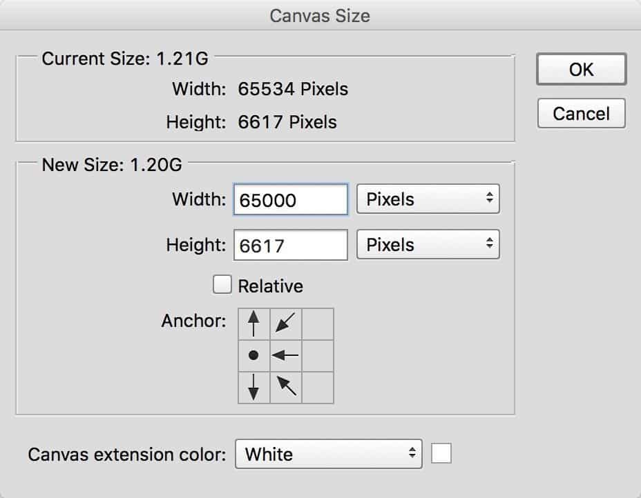 Photoshop Canvas Size dialog used to reduce dimensions of an oversize image