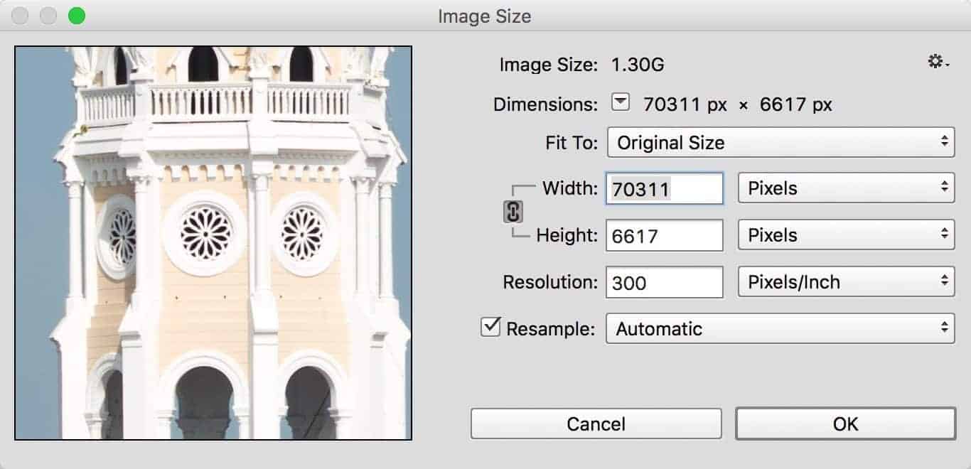 Photoshop Image Size dialog used to reduce pixel dimensions of an oversize file for Lightroom import