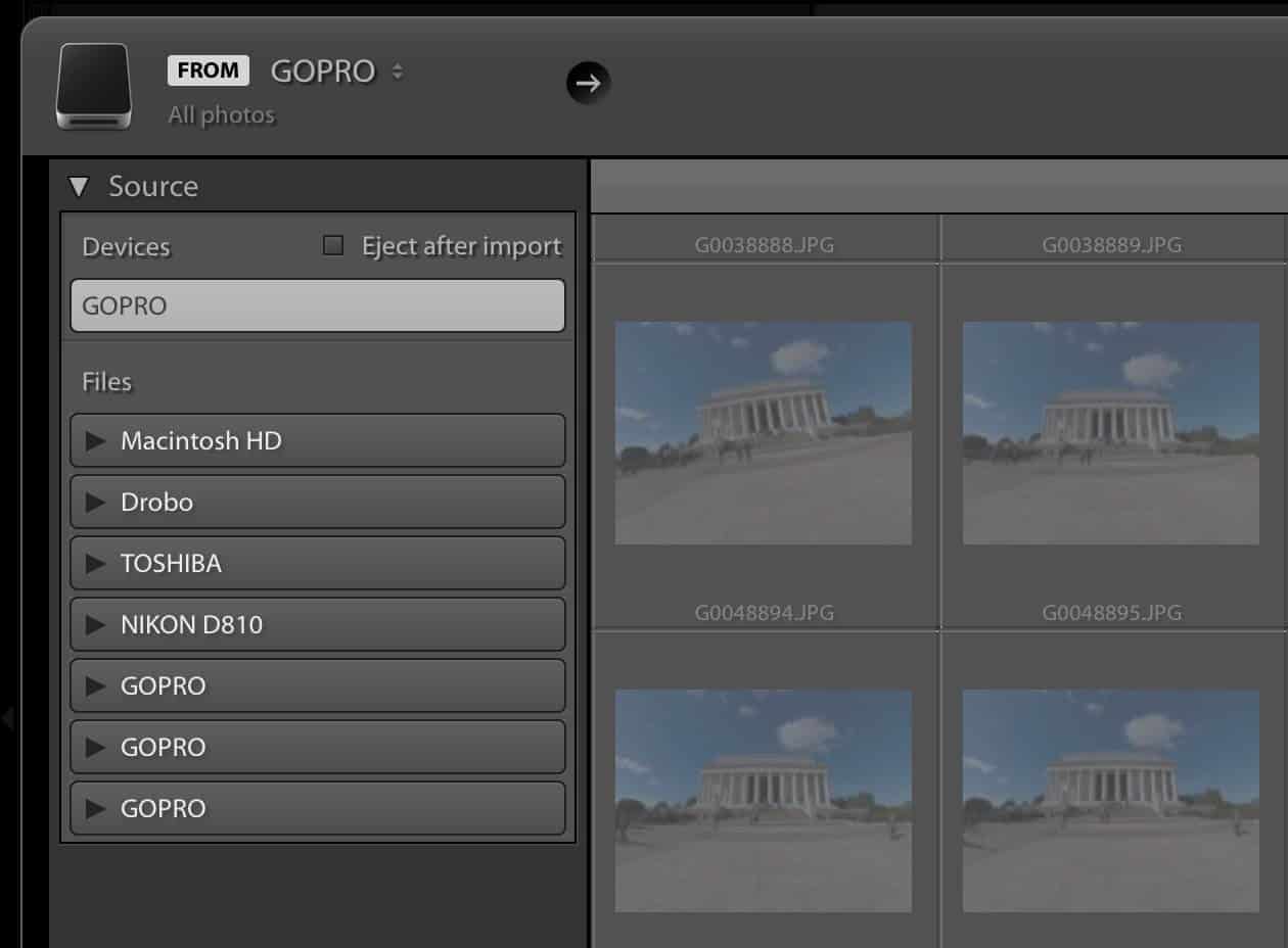 Screenshot of Lightroom Classic Import Screen importing from multiple memory cards simultaneously