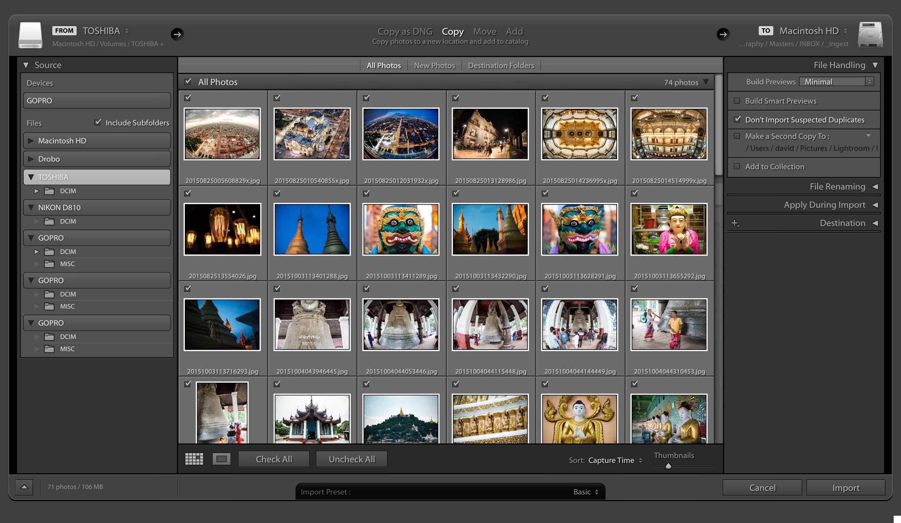 Screenshot of Lightroom Classic Import Screen importing from multiple memory cards simultaneously