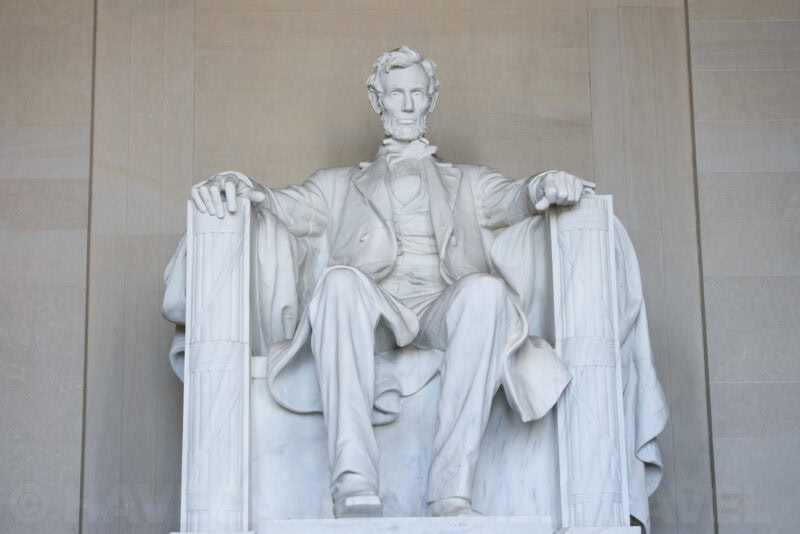 Lincoln Memorial statue of Abraham Lincoln seated in his marble chair, viewed straight on