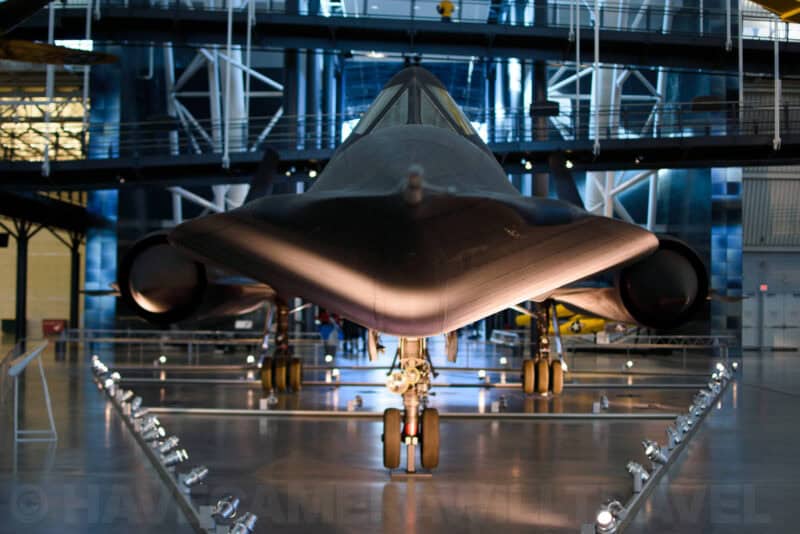 Lockheed SR-71 Blackbird spy plane nose-on inside the Udvar-Hazy Center exhibit hall