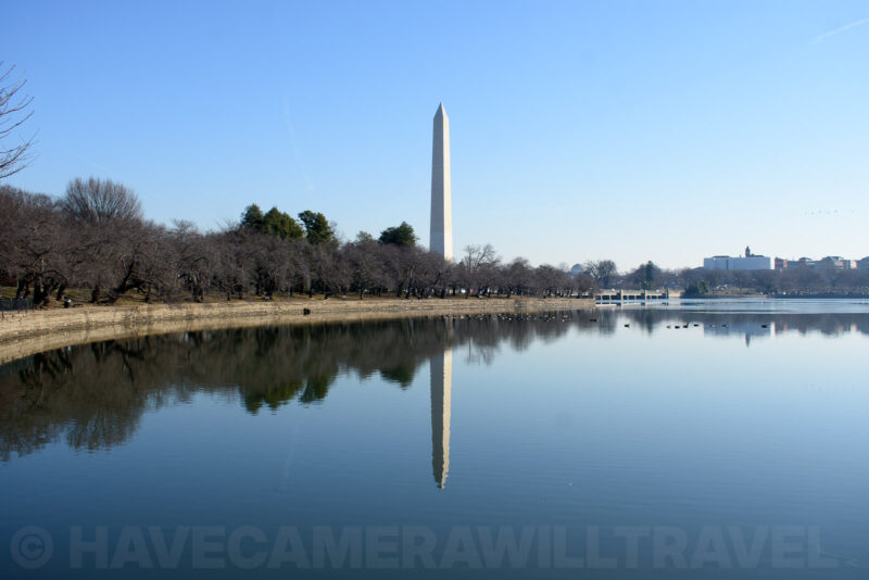 Washington Monument obelisk reflected in the calm Tidal Basin surrounded by bare winter trees