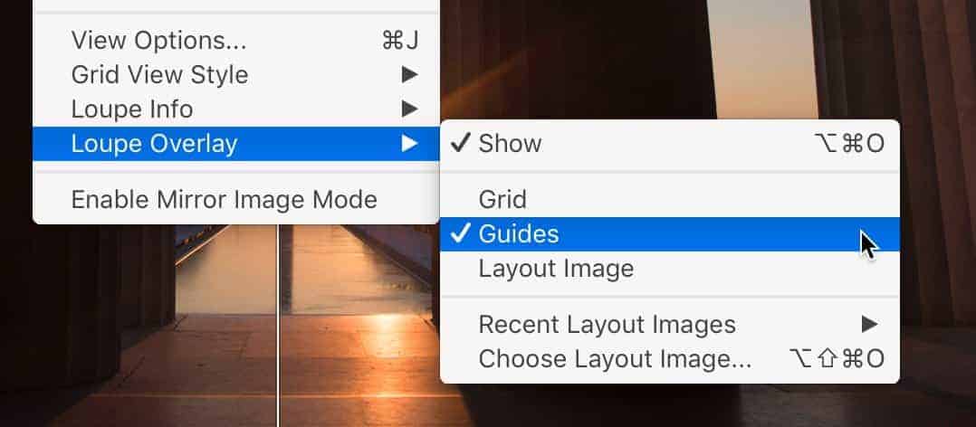 Lightroom overlay guides menu