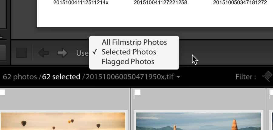 Lightroom contact sheet photo selection toolbar