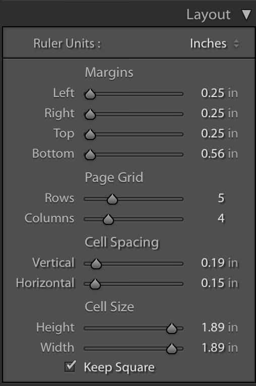 Lightroom Contact Sheet Layout panel
