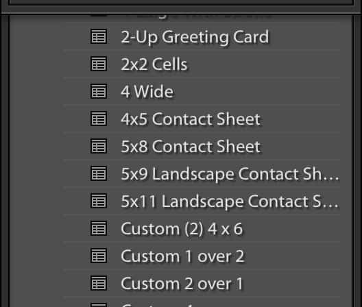 Lightroom contact sheet templates in Template Browser
