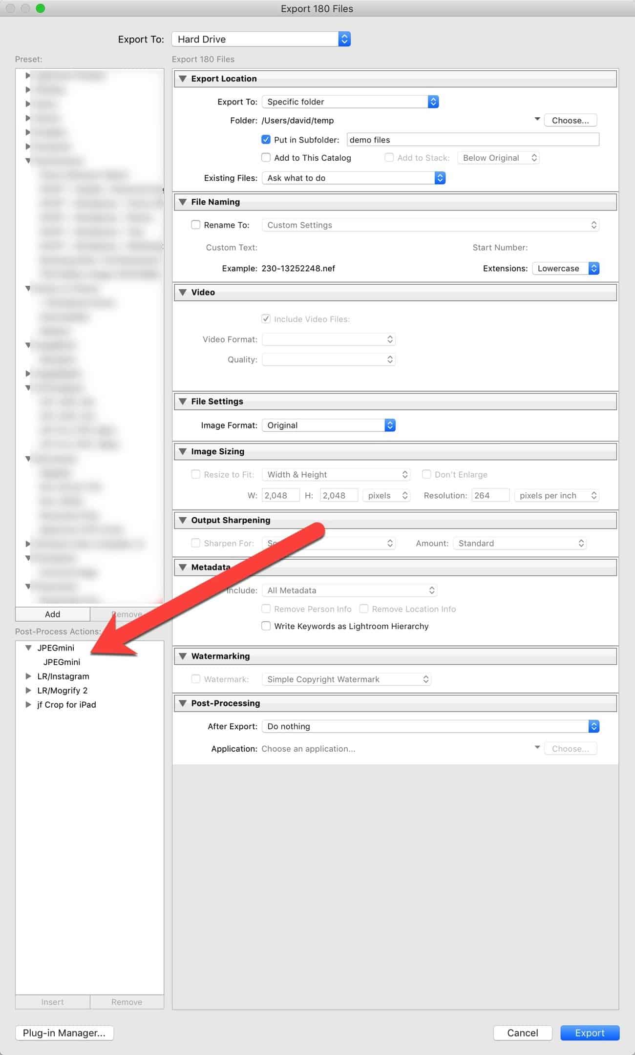 Lightroom JPEGmini Post-Process Actions screenshot