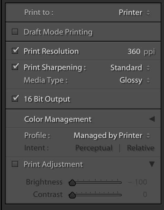 Lightroom Print module Print to Printer