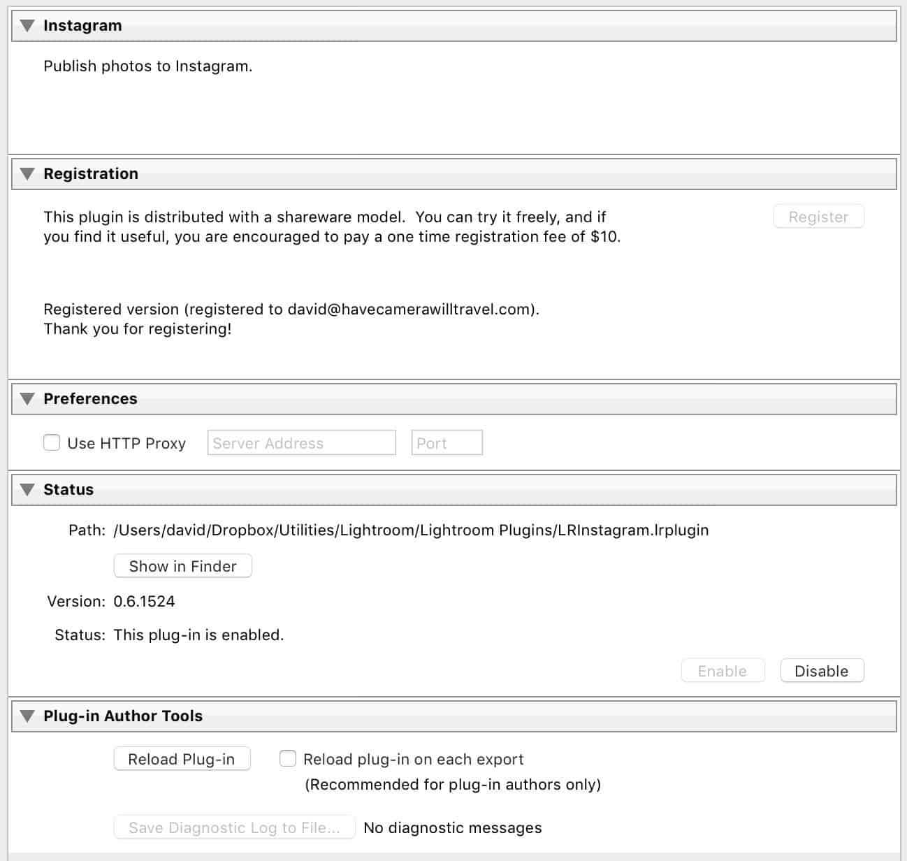 LR/Instagram Publish Service Plugin Manager
