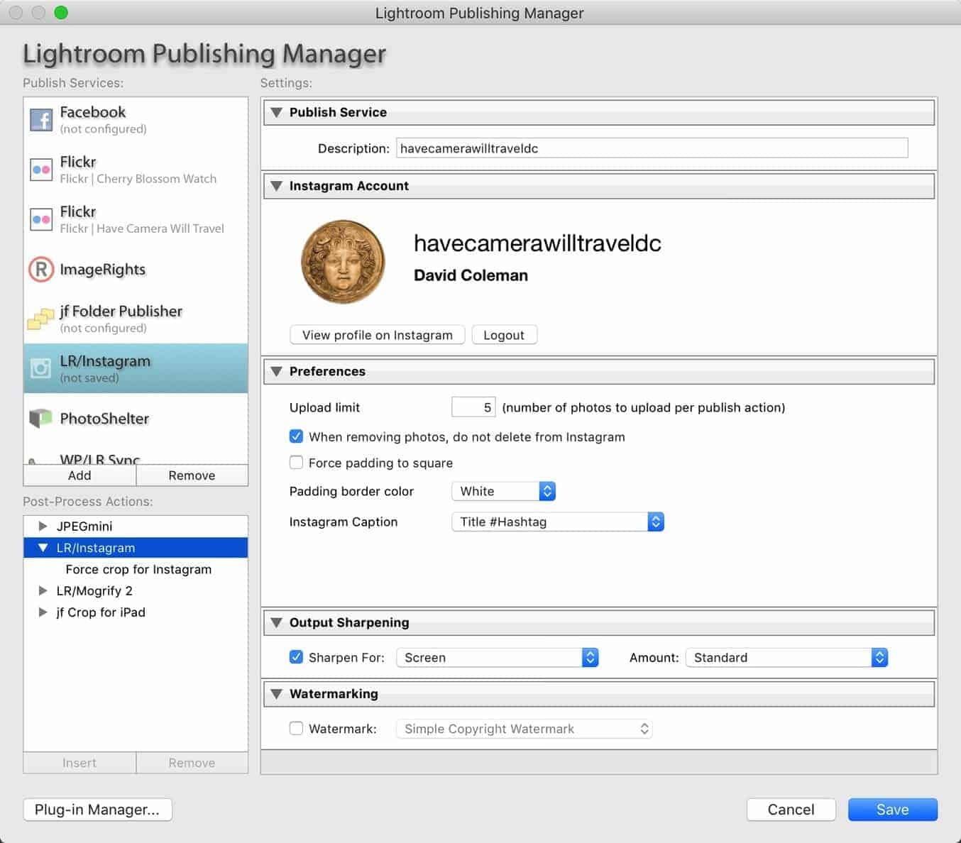 LR/Instagram Publish Service Publish Service Settings