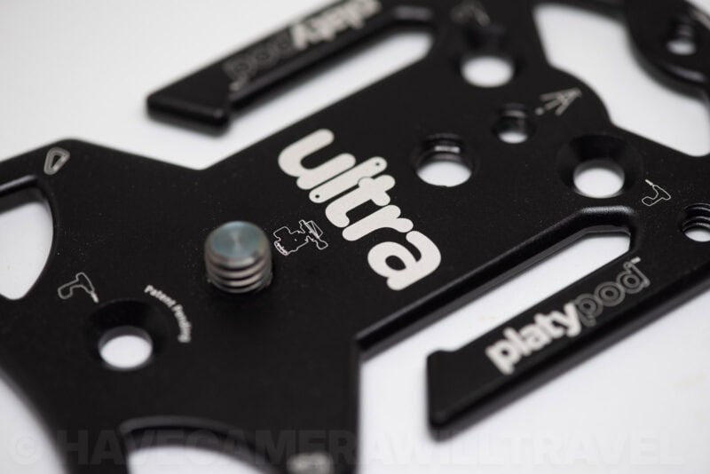 Close-up of the Platypod Ultra plate showing its ultra logo and captive mounting screw