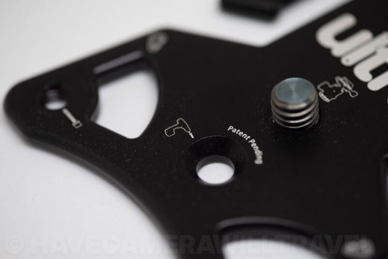 Macro view of the Platypod Ultra's captive screw and Patent Pending etching