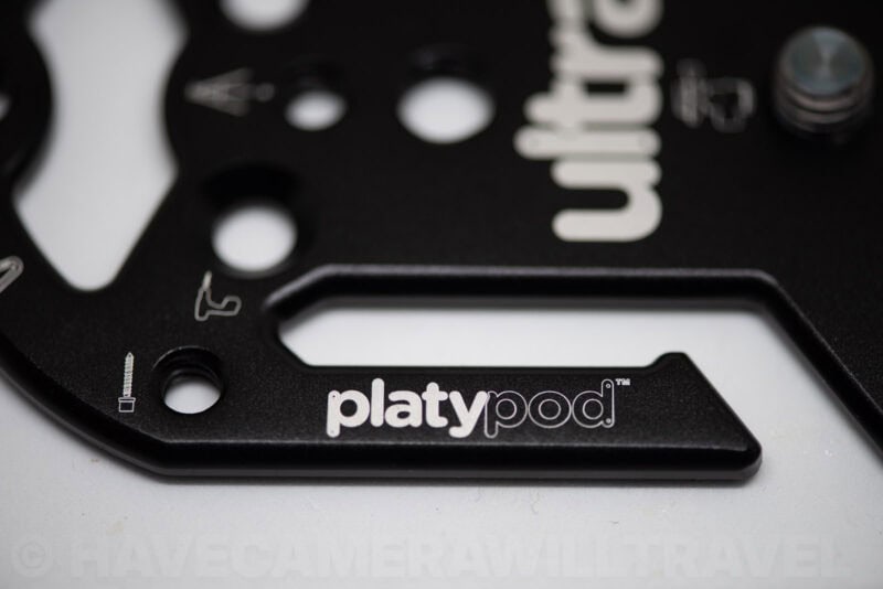 Close-up of the Platypod logo engraved on one of the Ultra plate's prong feet