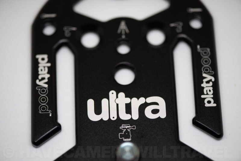 Top view of the Platypod Ultra plate highlighting its two forked prongs and ultra logo