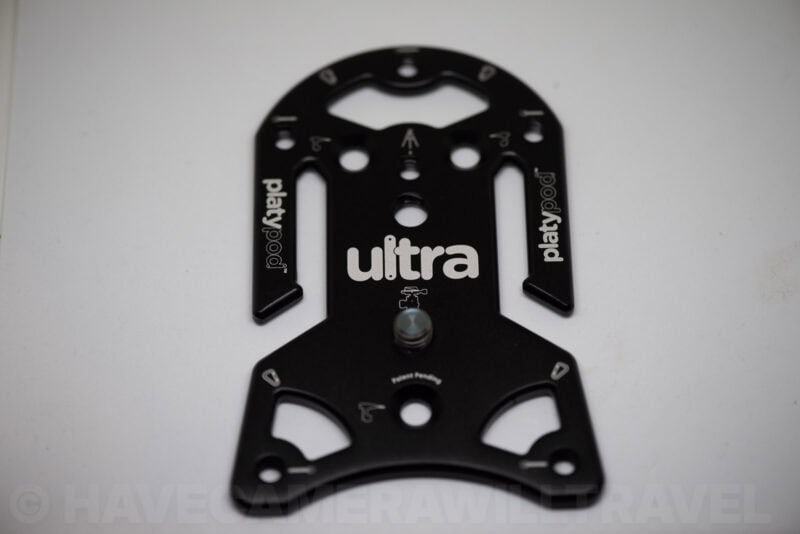 Platypod Ultra baseplate viewed from above showing its full skeletal shape and engraved icons