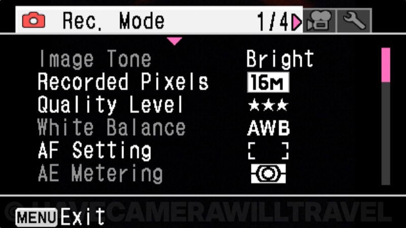 Ricoh WG-50 Rec. Mode menu screen showing image tone and recorded pixels settings