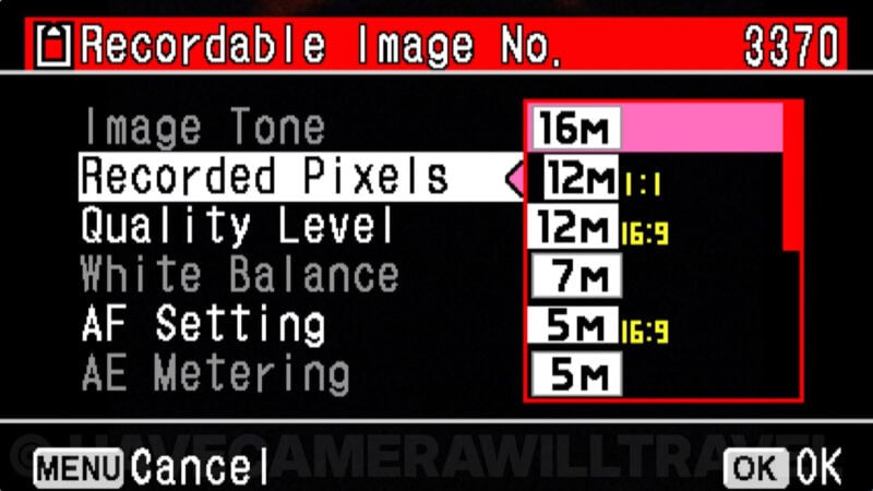 Ricoh WG-50 menu screen with the Recorded Pixels resolution options highlighted