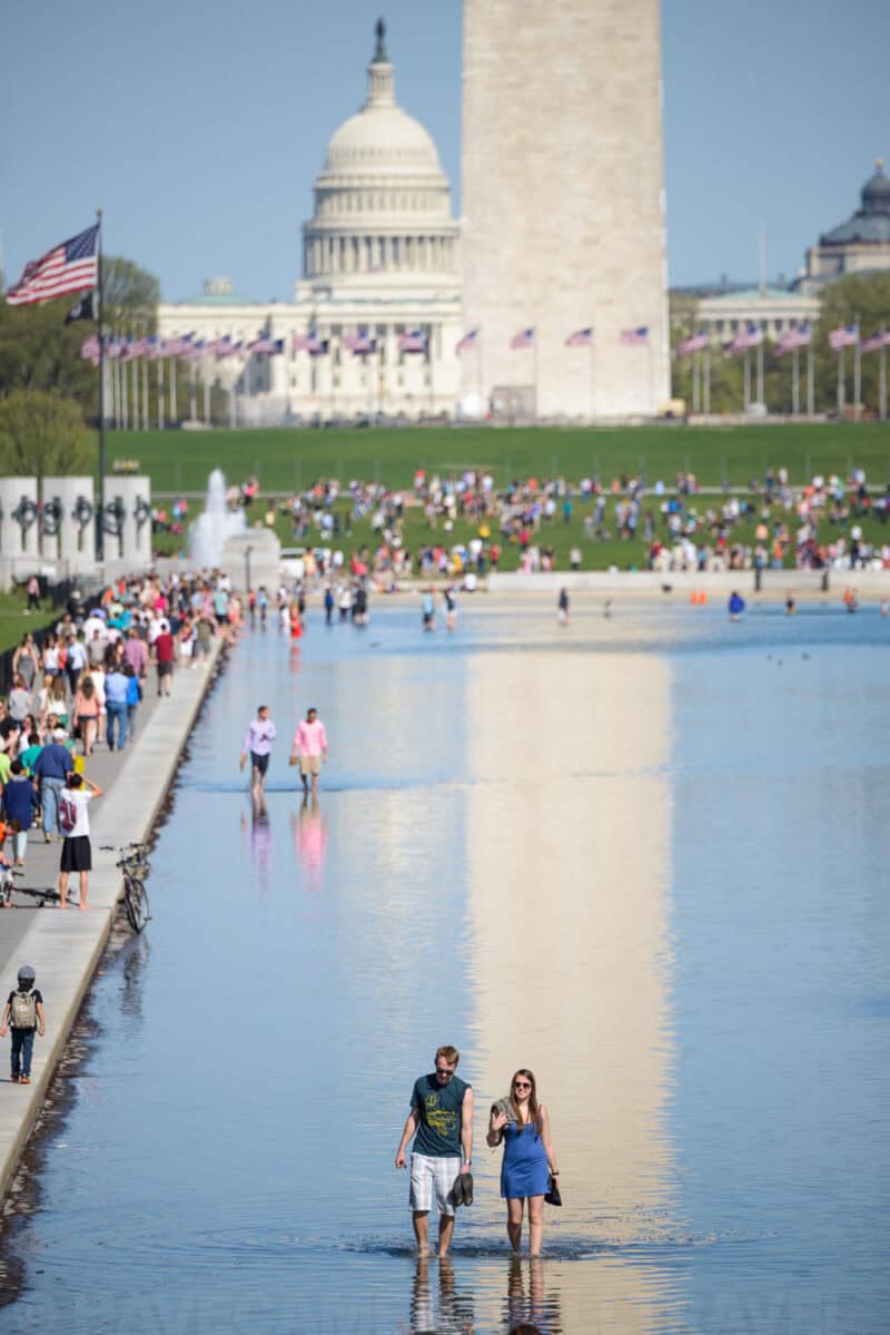 US Capitol building and Washington Monument beyond the World War II Memorial reflecting pool with visitors wading