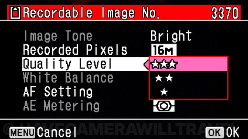 Ricoh WG-50 menu screen showing the Quality Level star-rating options