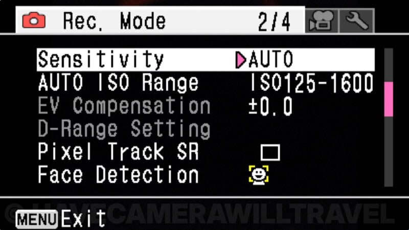 Ricoh WG-50 Rec. Mode menu screen with Sensitivity set to Auto and ISO range shown