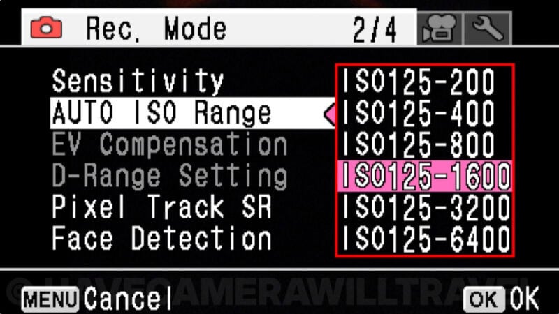 Ricoh WG-50 menu screen showing the Auto ISO Range options list