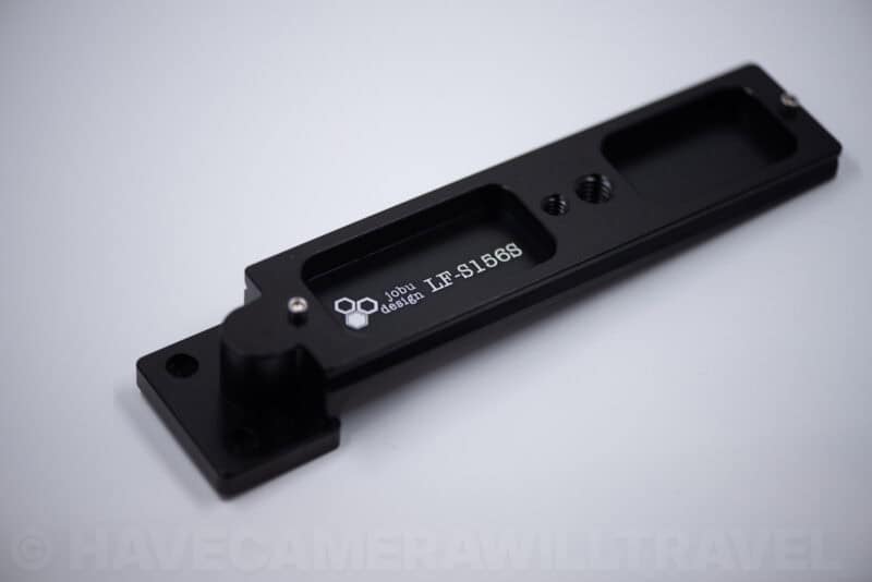 Jobu Design LF-S156S Arca-style replacement foot in machined black aluminum, viewed at an angle