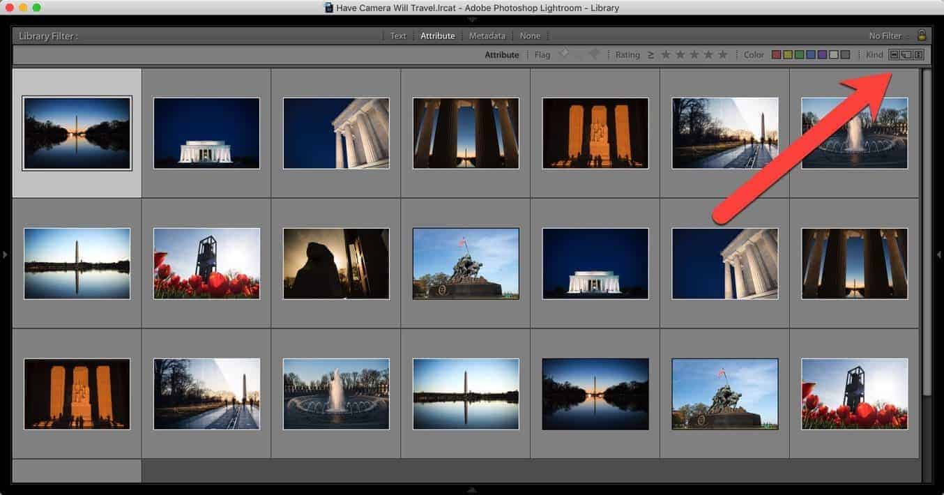 Screenshot of Lightroom Classic filtering from attribute virtual copy to separate from master originals